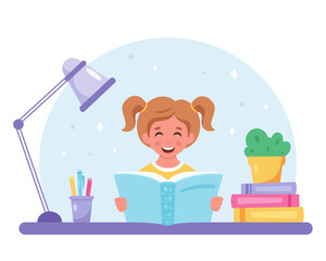 Girl reading book. Girl studying with a book. Vector illustration