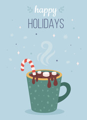Christmas hot drink with marshmallow and candy cane. Happy holidays greeting card. Vector illustration