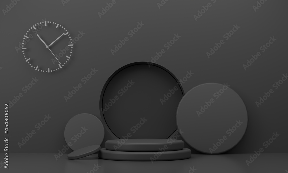 Poster black podium and black circle plate behind it is a wall with a clock. adding luxury to the display