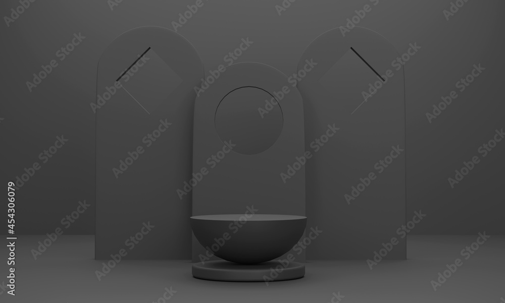 Poster semicircular podium for displaying business products. with a backdrop instead of a black studio room