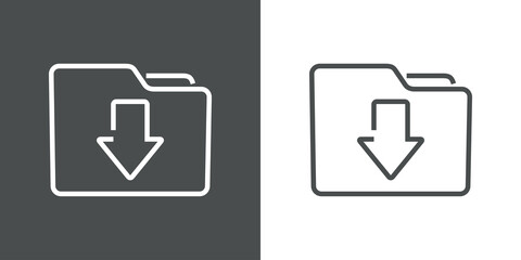 Icono descargar. Silueta de carpeta con flecha hacia abajo con lineas en fondo gris y fondo blanco © teracreonte