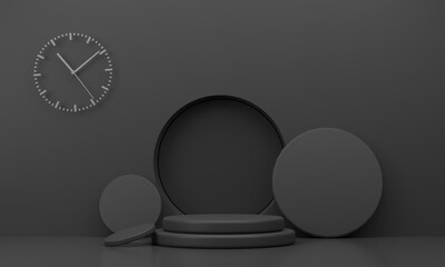 Black podium and black circle plate behind it is a wall with a clock. Adding luxury to the display