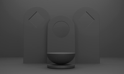 Semicircular podium for displaying business products. with a backdrop instead of a black studio room. Scene stage mockup showcase for product, sale, banner, presentation, cosmetic, offer.