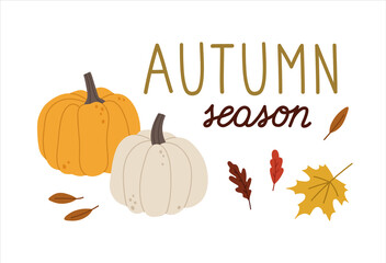 Hand-drawn autumn card with pumpkins, fall leaves, and hand lettering. Concept of fall, autumn, nature, forest plants, tree foliage, harvesting time. Colored vector illustration, isolated on white.