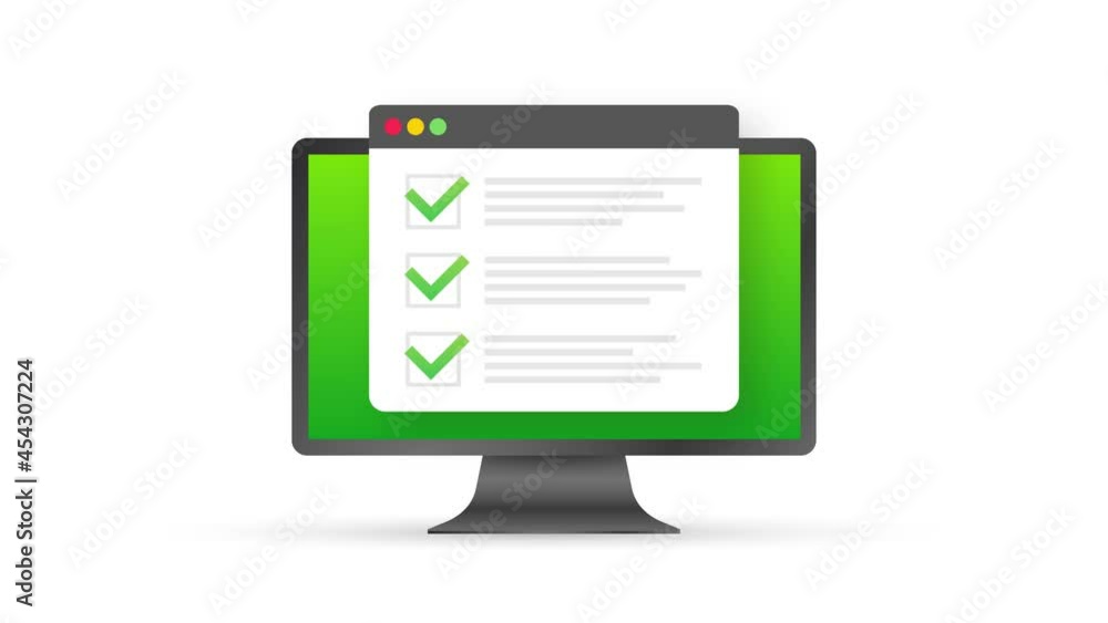 Poster checklist browser window. check mark. white tick on laptop screen. choice, survey concepts. motion g