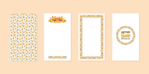 Autumn backgrounds with chestnuts and chestnut leaves. Set of editable templates for social networks and stories. Elegant fall floral layouts. Vector 10 EPS.