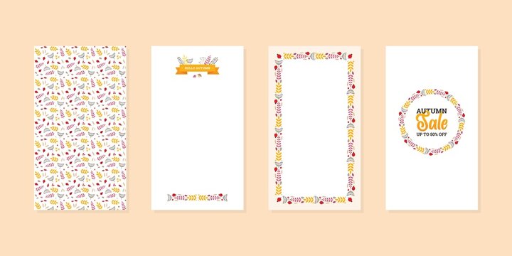 Autumn backgrounds with rosehips and leaves. Set of editable templates for social networks and stories. Elegant fall floral layouts. Vector 10 EPS.