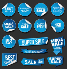 Fototapeta premium Blue sale stickers on black background illustration collection