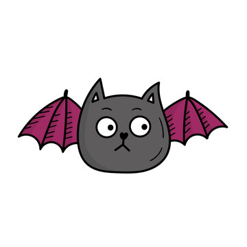 Cute bat cat. Funny animal decor for Halloween. Doodle style illustration