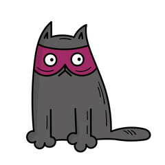 Cute gray cat in a mask for Halloween. Doodle style illustration