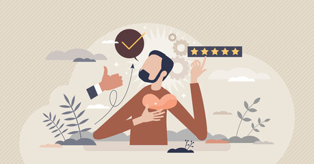 Self respect as yourself esteem, confidence or admiration tiny person concept. Myself as priority or positive emotional satisfaction vector illustration. Being proud and appreciate best personal value