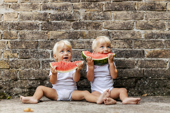 Babies And Watermelon. Twins In White Bodysuits For Children With Beautiful Blue Eyes And Blonde Hair Sit On The Floor And Enjoy Watermelon. Healthy Snacks And Happy Growing Up In The Countryside