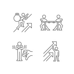 Motivation complications and results linear icons set. Positive dynamics. Facing criticism. Customizable thin line contour symbols. Isolated vector outline illustrations. Editable stroke