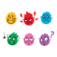 Round abstract face with different emotions. Happy, angry, questioning, scared, sorrow, falling in love emoji avatar. Cartoon style. Flat design vector illustration.