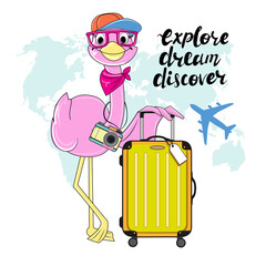 Cute summer stickers with flamingo and suitcase. Funny cartoon animals for t-shirt design, greeting card. Vector illustration isolated. Travel concept