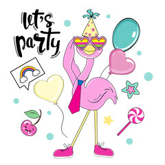 Funny flamingo in a birthday cap and balloons. Vector cartoon illustration isolated. Birthday card © Lucky Project