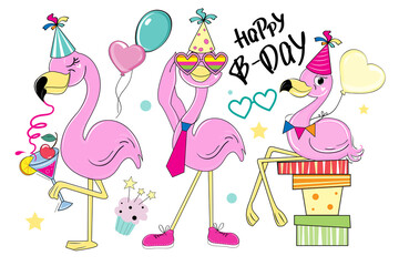 Set of summer flamingo stickers and lettering Happy Birthday. Vector illustration of funny cartoon animals for t-shirt, greeting card, baby shower © Lucky Project