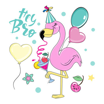 Funny flamingo in a birthday cap and balloons. Vector cartoon illustration isolated. Birthday card. Hey bro lettering
