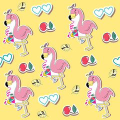 Summer flamingos seamless pattern on a yellow background. Vector illustration of trendy badges