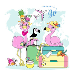 Two summer flamingos with suitcases. Vector illustration of cartoon animals travelers. T-shirt design for kids