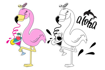 A cute summer painted flamingo is drinking a cocktail. Vector illustration in one line isolated. Coloring book for children