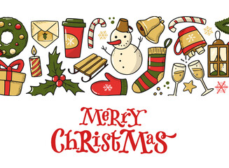 Christmas lettering quote decorated with horizontal border of doodles on white background. Good for invitations, banners, cards, posters, prints, etc. EPS 10