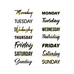 Hand Lettering Days of Week Monday, Tuesday, Wednesday, Thursday, Friday, Saturday, Sunday. Modern Calligraphy Isolated on White Background. illustration. Handlettering for schedule