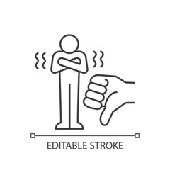 Obraz premium Criticism linear icon. Constructive criticism motivates. Force that encourages to do something. Thin line customizable illustration. Contour symbol. Vector isolated outline drawing. Editable stroke