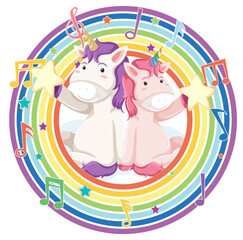 Unicorn in rainbow round frame with melody symbol