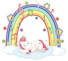 Unicorn sleeping on cloud with rainbow and melody symbol