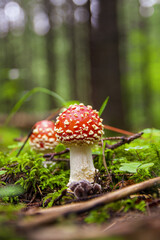 Red bright beautiful inedible mushroom fly agaric sprouted through wet fresh moss and grass in Latvian autumn forest
