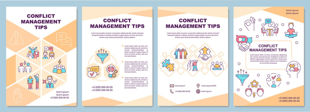 Conflict management tips brochure template. Human relations. Flyer, booklet, leaflet print, cover design with linear icons. Vector layouts for presentation, annual reports, advertisement pages
