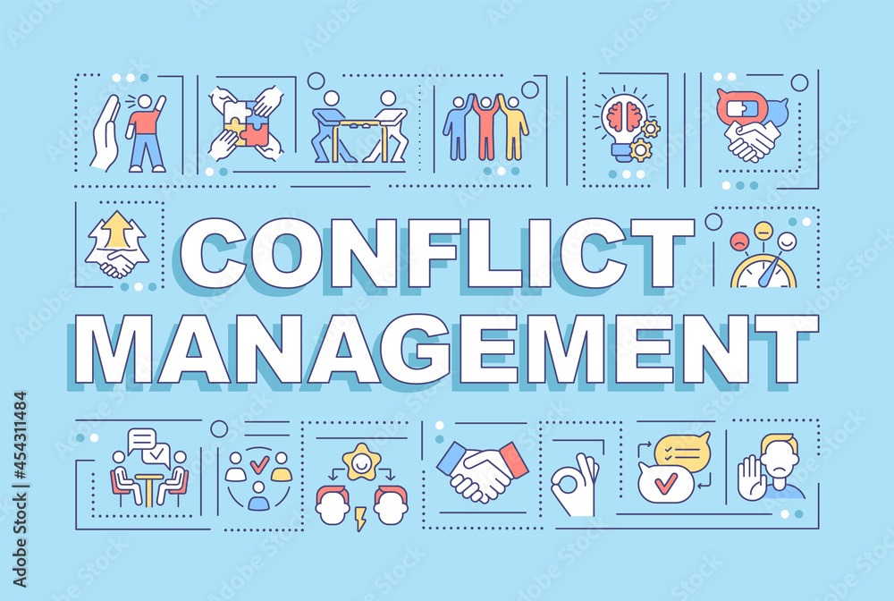 Poster conflict management word concepts banner. handling relationships at work. infographics with linear i