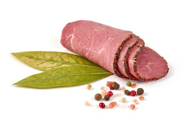 Slices of smoked loin, isolated on white background.
