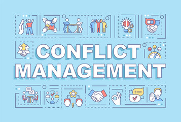 Conflict management word concepts banner. Handling relationships at work. Infographics with linear icons on blue background. Isolated creative typography. Vector outline color illustration with text
