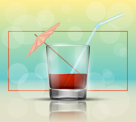 Glass cold drink alcohol & straw. Bright soda & umbrella. A glass of lemonade or fruit juice with umbrella. Cold iced tea. Bar with a glass of cocktail fizzy water drink with straw