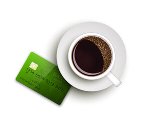 Cup of coffee on warfare dish, bank chip card. Breakfast image, top view. Morning drink coffe and plastic credit card. Hot coffee cup on white platter, debit card top banner. cashless payment