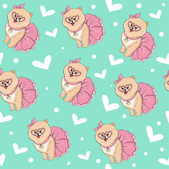 Beautiful little spitz dog girl seamless pattern. Vector cartoon illustration for kids t-shirt design. Birthday card