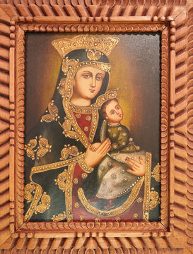 Ancient painting representing the Virgin with child in her arms in the museum of the convent of San Francisco