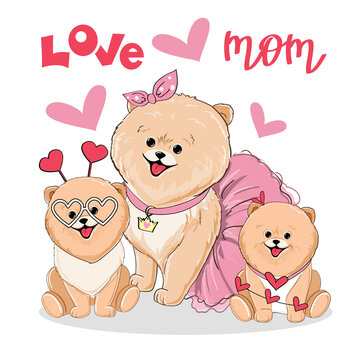 Beautiful spitz family mom and children and lettering love mom. Vector illustration cartoon animals postcard
