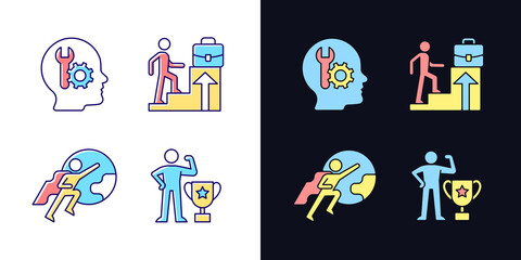 Motivation at work light and dark theme RGB color icons set. Competence motivation. Dream of job promotion. Isolated vector illustrations on white and black space. Simple filled line drawings pack