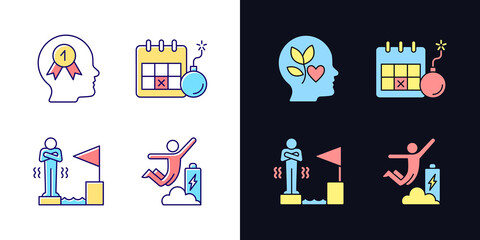 Motivation to win light and dark theme RGB color icons set. Desire for victory. Fear of losing. Isolated vector illustrations on white and black space. Simple filled line drawings pack