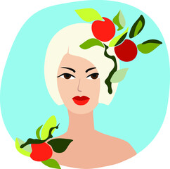 Young showy blonde on a blue background with branches and ripe fruits. Portrait of a young girl with bright makeup on sky background and fruits. Flat illustration, avatar.