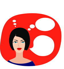 Young pretty brunette with red lips thinks and answers, a cloud for text and a cloud for thoughts Speech Balloon is available. Avatar. Flat illustration.