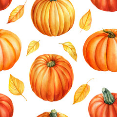 Seamless pattern of pumpkins and leaves, autumn background, watercolor drawings