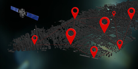 communication satellite Internet system GPS pins New York City 3D illustration
