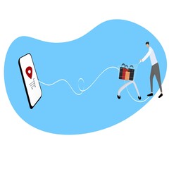 Vector cartoon illustration of a man with purchases and a large mobile phone indicating the location of the shop.Business concepts of online shopping, online trading, advertising for web pages