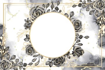rose black and gold watercolor background floral frame with white space