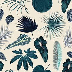 Fashionable seamless tropical pattern with blue tropical exotic leaves on a yellow background. Beautiful exotic plants. Trendy summer Hawaii print. 