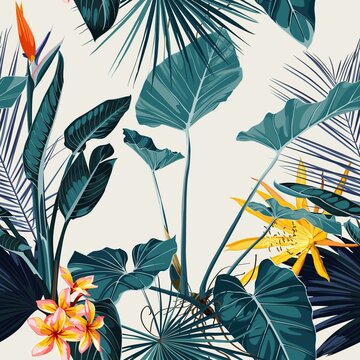 Tropical vintage palm, monstera, plant, strelitzia orange flowers floral seamless border pink background. Exotic vintage jungle wallpaper. © Iuliia